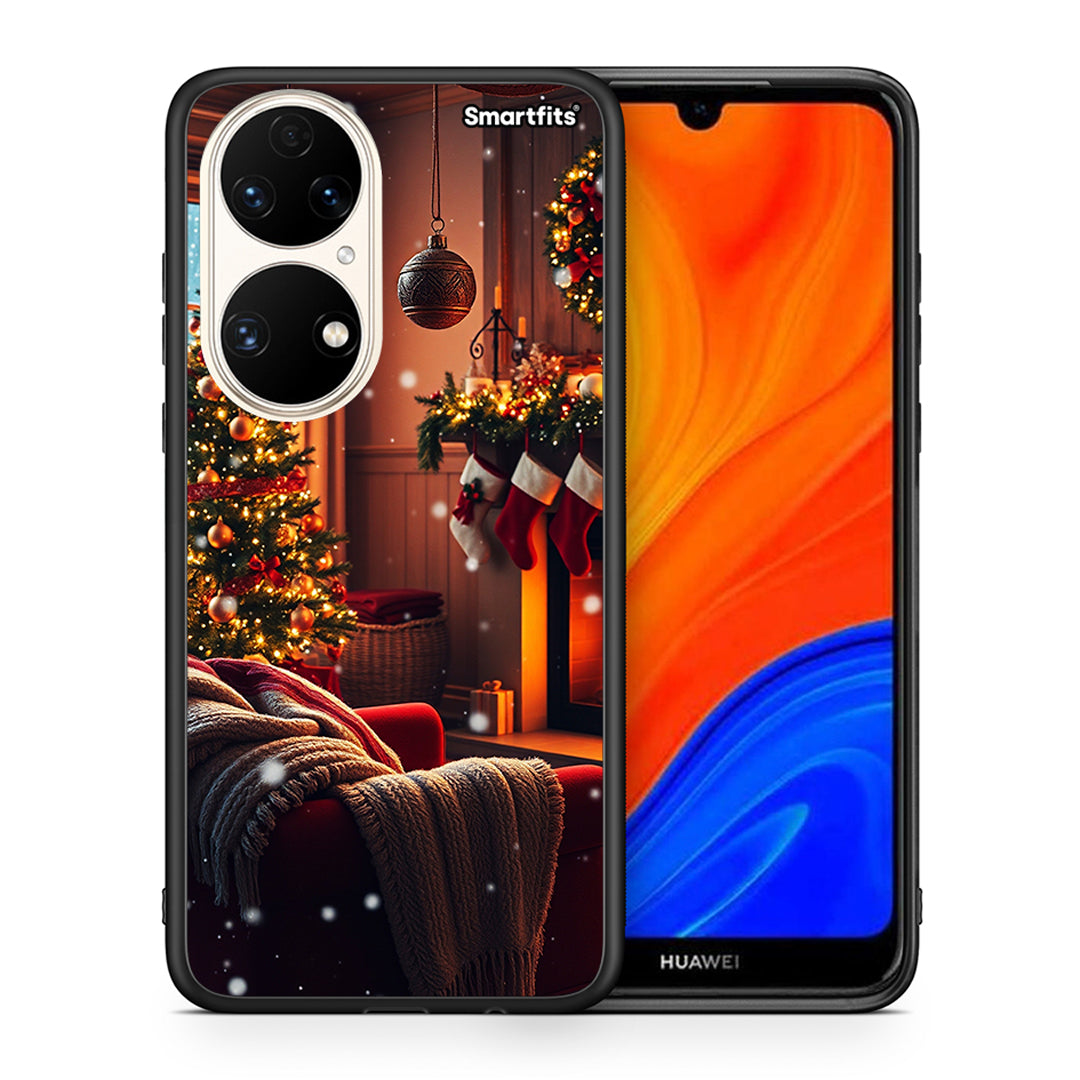 Θήκη Huawei P50 Home For Christmas από τη Smartfits με σχέδιο στο πίσω μέρος και μαύρο περίβλημα | Huawei P50 Home For Christmas case with colorful back and black bezels