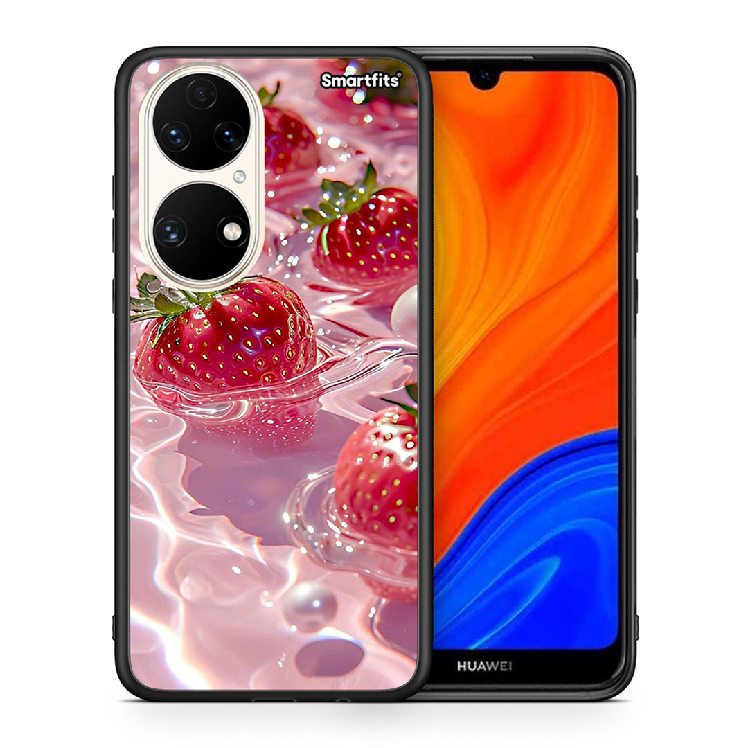 Θήκη Huawei P50 Juicy Strawberries από τη Smartfits με σχέδιο στο πίσω μέρος και μαύρο περίβλημα | Huawei P50 Juicy Strawberries case with colorful back and black bezels