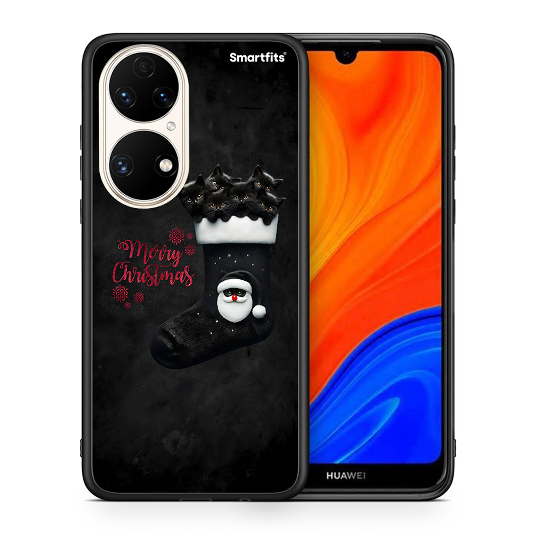 Θήκη Huawei P50 Merry Cat Christmas από τη Smartfits με σχέδιο στο πίσω μέρος και μαύρο περίβλημα | Huawei P50 Merry Cat Christmas case with colorful back and black bezels