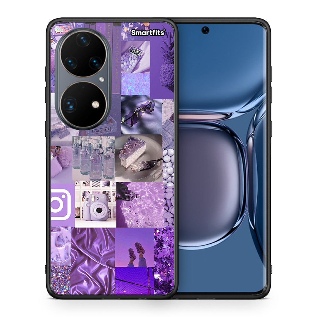 Θήκη Huawei P50 Pro Purple Aesthetic Collage από τη Smartfits με σχέδιο στο πίσω μέρος και μαύρο περίβλημα | Huawei P50 Pro Purple Aesthetic Collage case with colorful back and black bezels