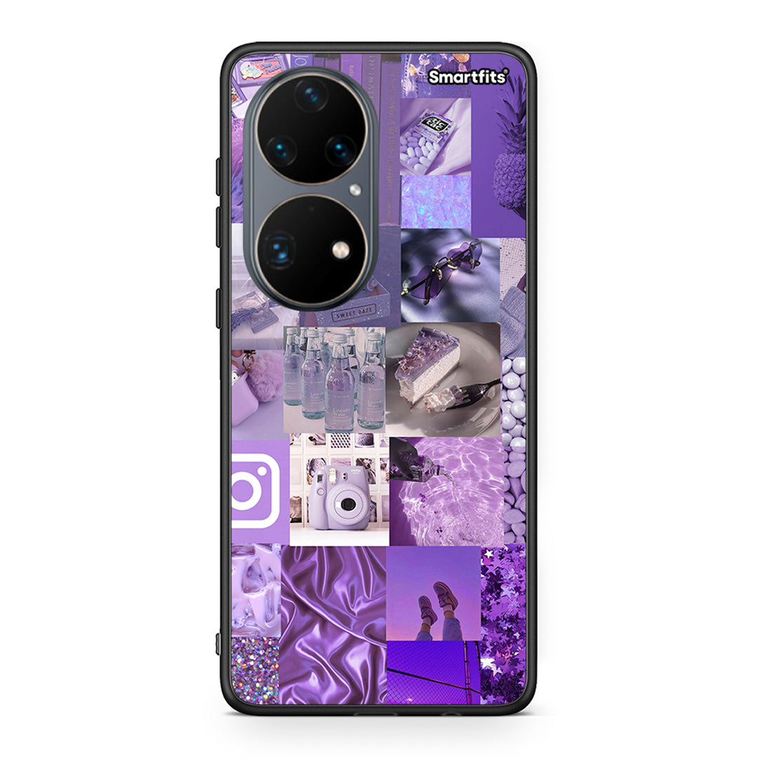 Huawei P50 Pro Purple Aesthetic Collage θήκη από τη Smartfits με σχέδιο στο πίσω μέρος και μαύρο περίβλημα | Smartphone case with colorful back and black bezels by Smartfits