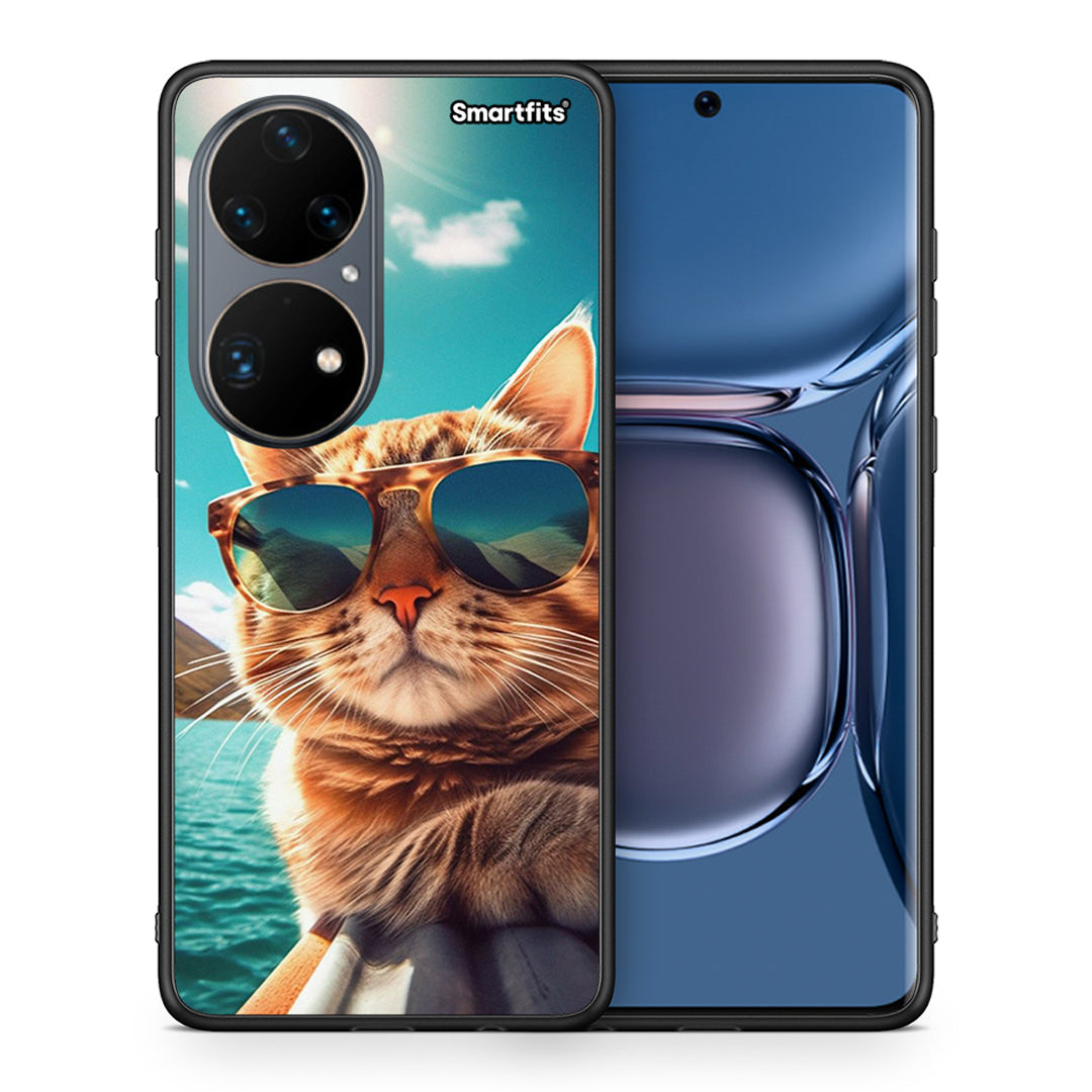 Θήκη Huawei P50 Pro Summer Cat από τη Smartfits με σχέδιο στο πίσω μέρος και μαύρο περίβλημα | Huawei P50 Pro Summer Cat case with colorful back and black bezels