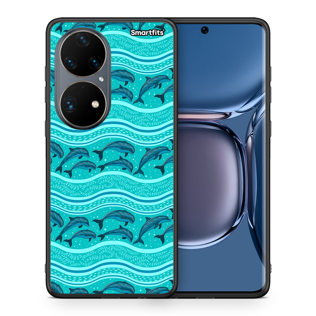 Θήκη Huawei P50 Pro Swimming Dolphins από τη Smartfits με σχέδιο στο πίσω μέρος και μαύρο περίβλημα | Huawei P50 Pro Swimming Dolphins case with colorful back and black bezels