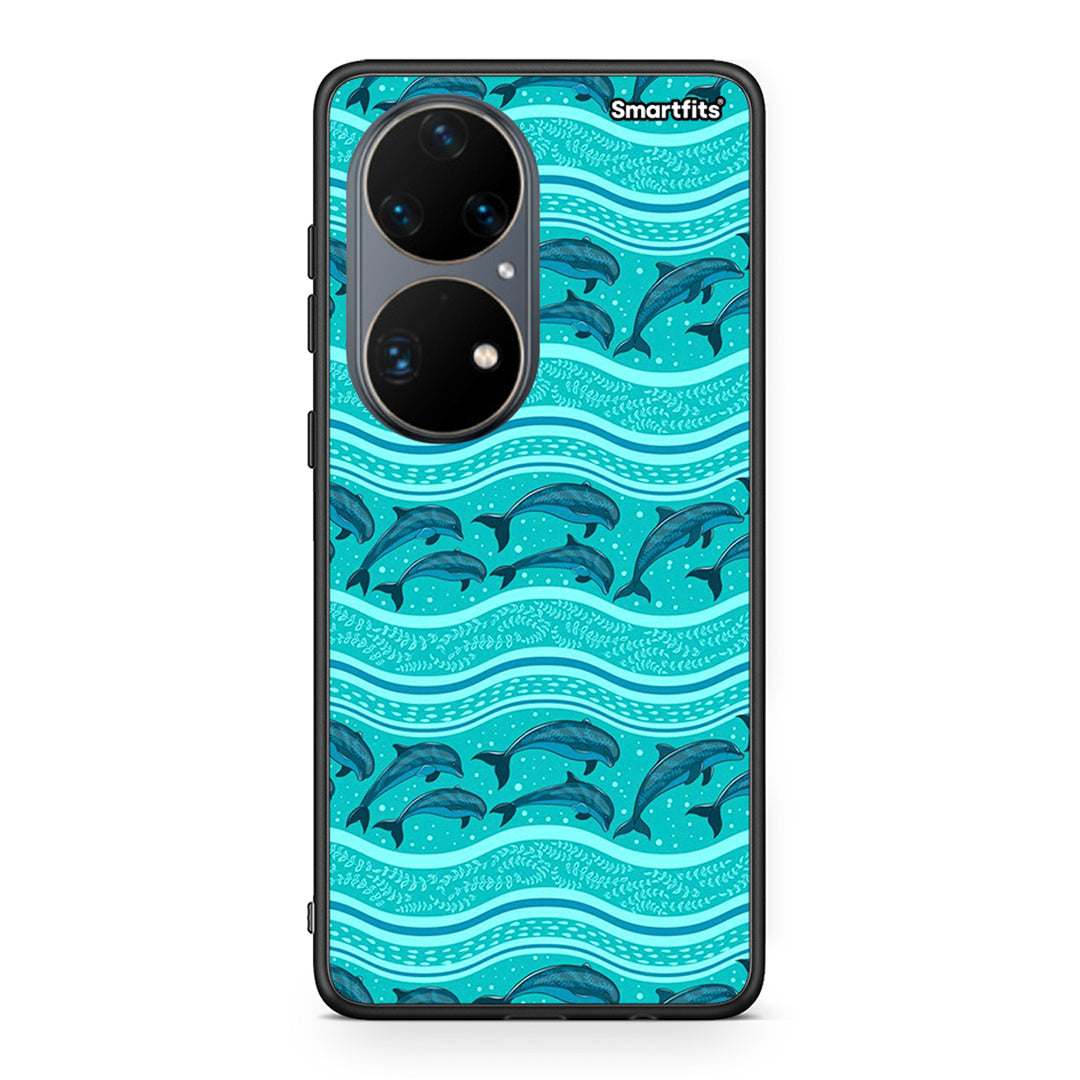 Huawei P50 Pro Swimming Dolphins θήκη από τη Smartfits με σχέδιο στο πίσω μέρος και μαύρο περίβλημα | Smartphone case with colorful back and black bezels by Smartfits