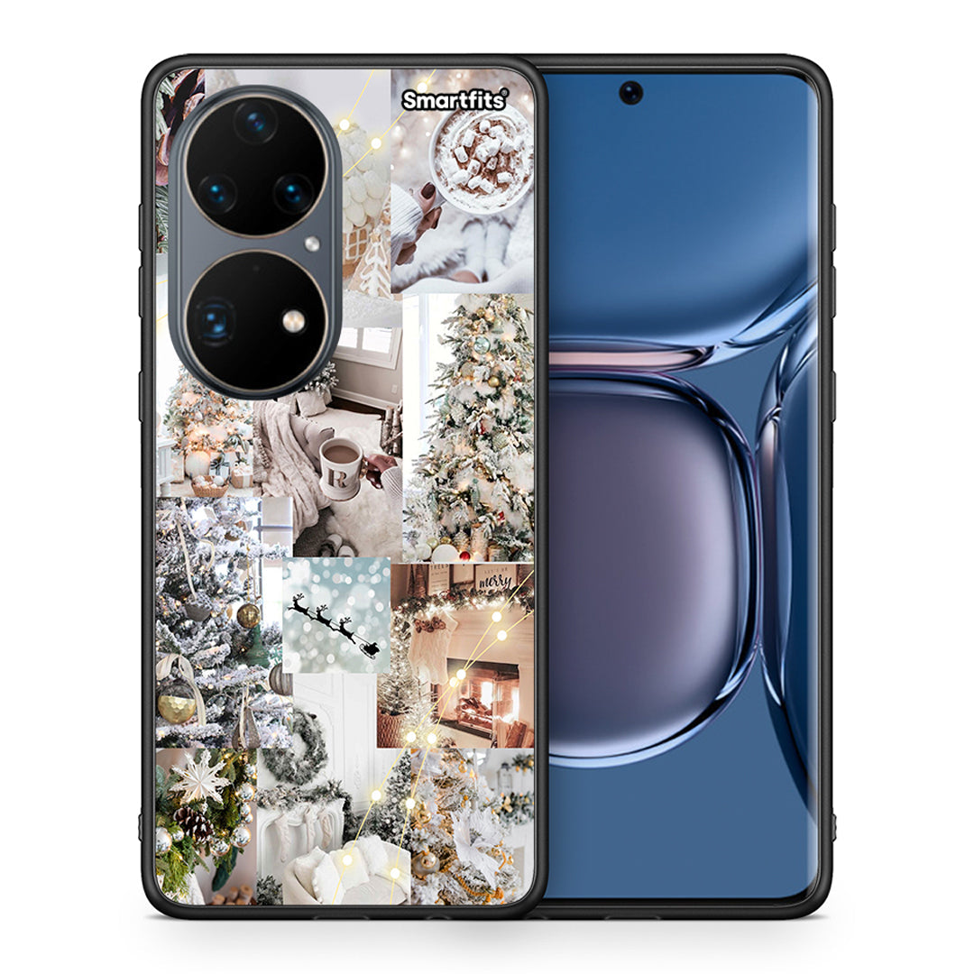 Θήκη Huawei P50 Pro White Christmas από τη Smartfits με σχέδιο στο πίσω μέρος και μαύρο περίβλημα | Huawei P50 Pro White Christmas case with colorful back and black bezels