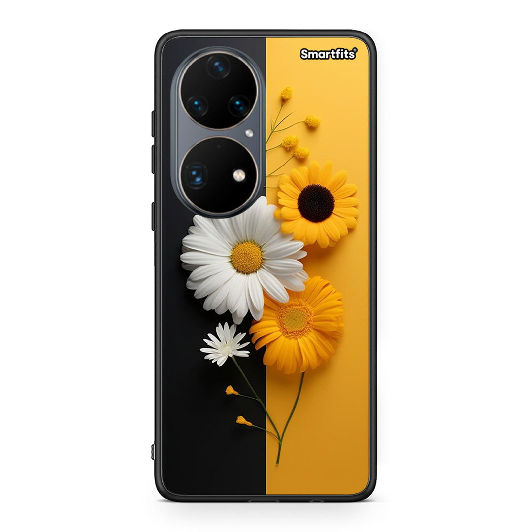 Huawei P50 Pro Yellow Daisies θήκη από τη Smartfits με σχέδιο στο πίσω μέρος και μαύρο περίβλημα | Smartphone case with colorful back and black bezels by Smartfits