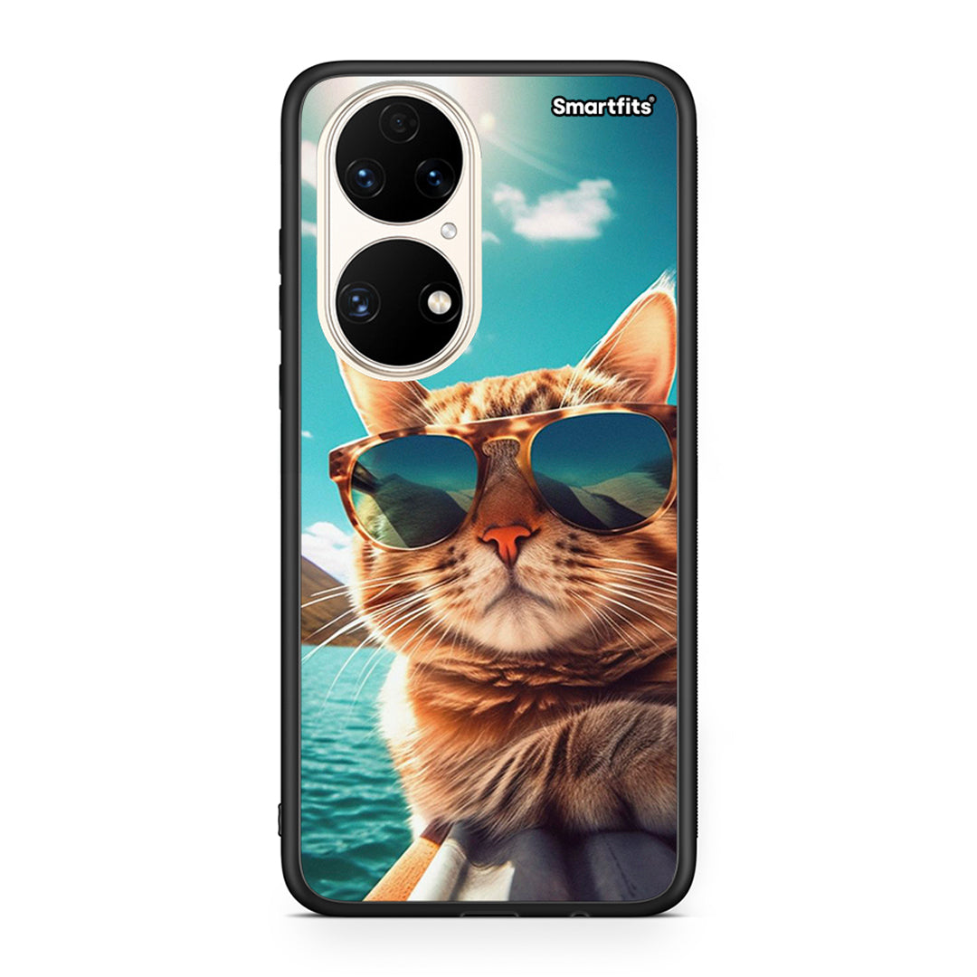 Huawei P50 Summer Cat θήκη από τη Smartfits με σχέδιο στο πίσω μέρος και μαύρο περίβλημα | Smartphone case with colorful back and black bezels by Smartfits