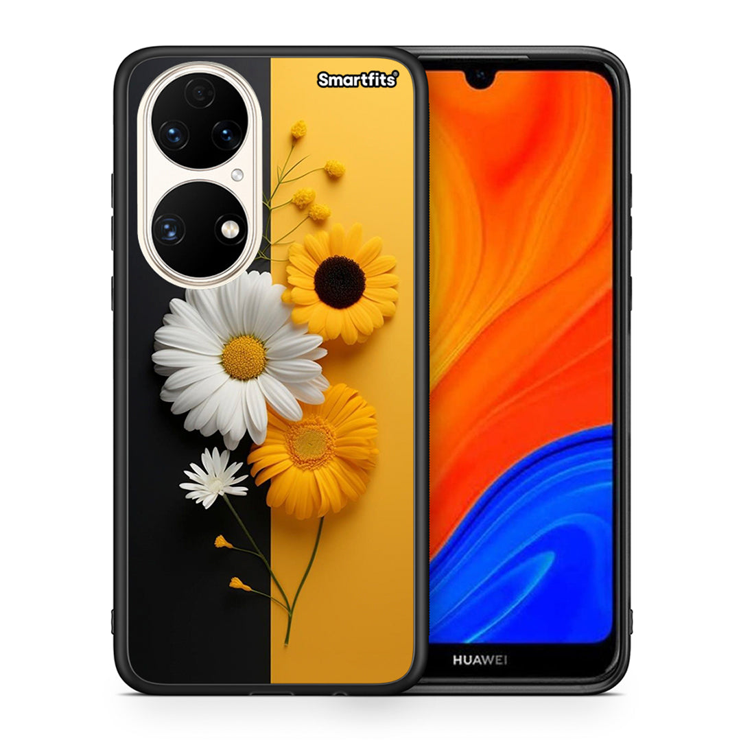 Θήκη Huawei P50 Yellow Daisies από τη Smartfits με σχέδιο στο πίσω μέρος και μαύρο περίβλημα | Huawei P50 Yellow Daisies case with colorful back and black bezels