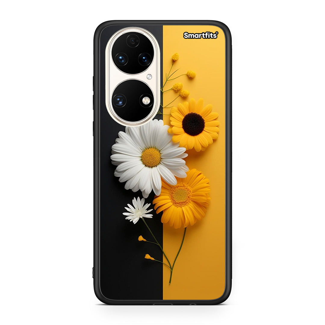 Huawei P50 Yellow Daisies θήκη από τη Smartfits με σχέδιο στο πίσω μέρος και μαύρο περίβλημα | Smartphone case with colorful back and black bezels by Smartfits