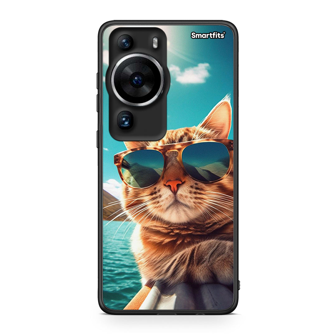 Θήκη Huawei P60 Pro Summer Cat από τη Smartfits με σχέδιο στο πίσω μέρος και μαύρο περίβλημα | Huawei P60 Pro Summer Cat Case with Colorful Back and Black Bezels