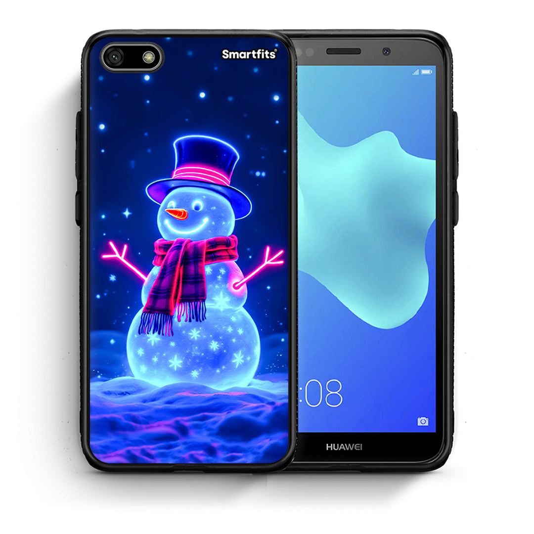 Θήκη Huawei Y5 2018/Honor 7S Christmas Neon Snowman από τη Smartfits με σχέδιο στο πίσω μέρος και μαύρο περίβλημα | Huawei Y5 2018/Honor 7S Christmas Neon Snowman case with colorful back and black bezels