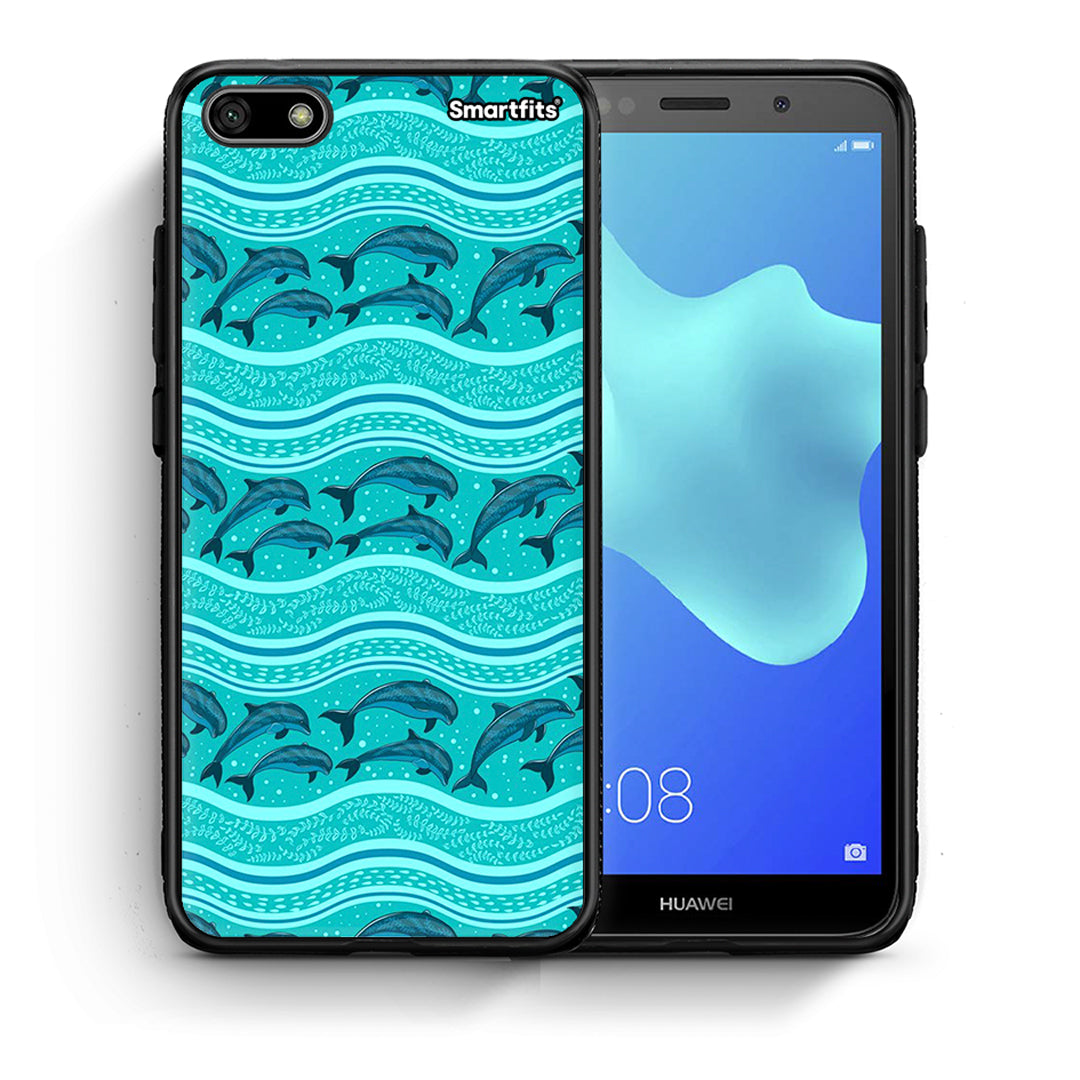 Θήκη Huawei Y5 2018/Honor 7S Swimming Dolphins από τη Smartfits με σχέδιο στο πίσω μέρος και μαύρο περίβλημα | Huawei Y5 2018/Honor 7S Swimming Dolphins case with colorful back and black bezels