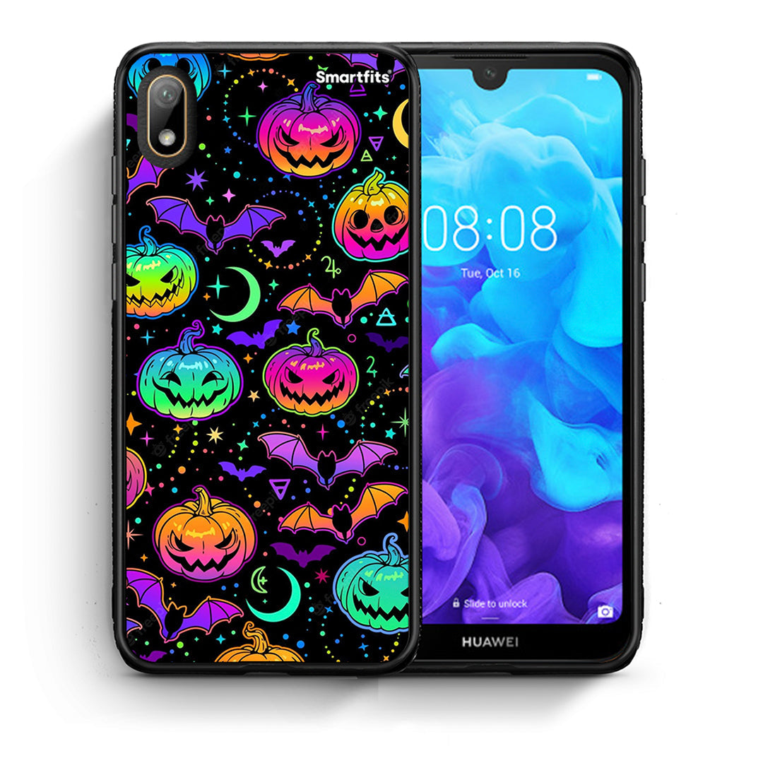 Θήκη Huawei Y5 2019 Neon Halloween από τη Smartfits με σχέδιο στο πίσω μέρος και μαύρο περίβλημα | Huawei Y5 2019 Neon Halloween case with colorful back and black bezels