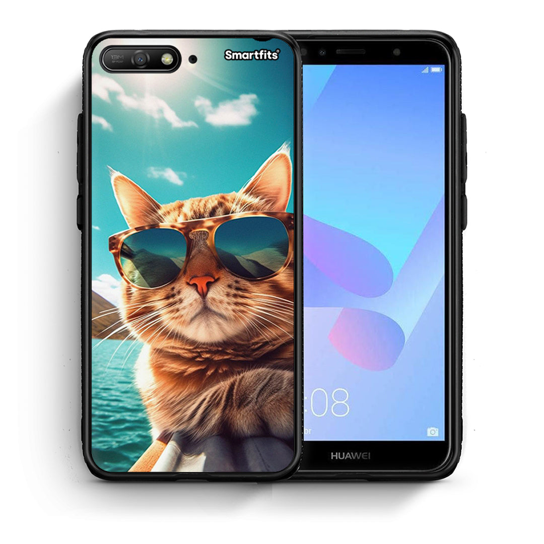 Θήκη Huawei Y6 2018 Summer Cat από τη Smartfits με σχέδιο στο πίσω μέρος και μαύρο περίβλημα | Huawei Y6 2018 Summer Cat case with colorful back and black bezels