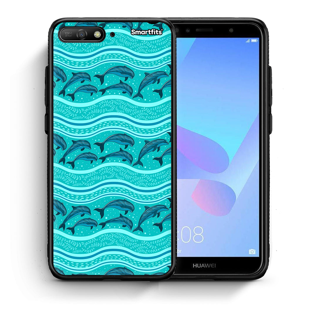 Θήκη Huawei Y6 2018 Swimming Dolphins από τη Smartfits με σχέδιο στο πίσω μέρος και μαύρο περίβλημα | Huawei Y6 2018 Swimming Dolphins case with colorful back and black bezels