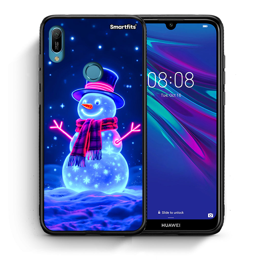 Θήκη Huawei Y6 2019 Christmas Neon Snowman από τη Smartfits με σχέδιο στο πίσω μέρος και μαύρο περίβλημα | Huawei Y6 2019 Christmas Neon Snowman case with colorful back and black bezels