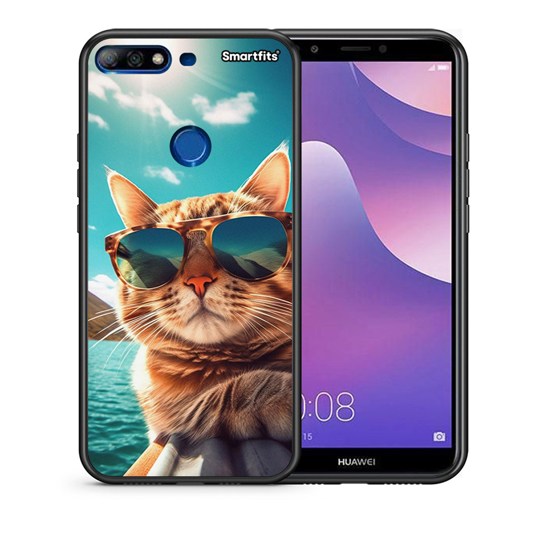 Θήκη Huawei Y7 2018 Summer Cat από τη Smartfits με σχέδιο στο πίσω μέρος και μαύρο περίβλημα | Huawei Y7 2018 Summer Cat case with colorful back and black bezels