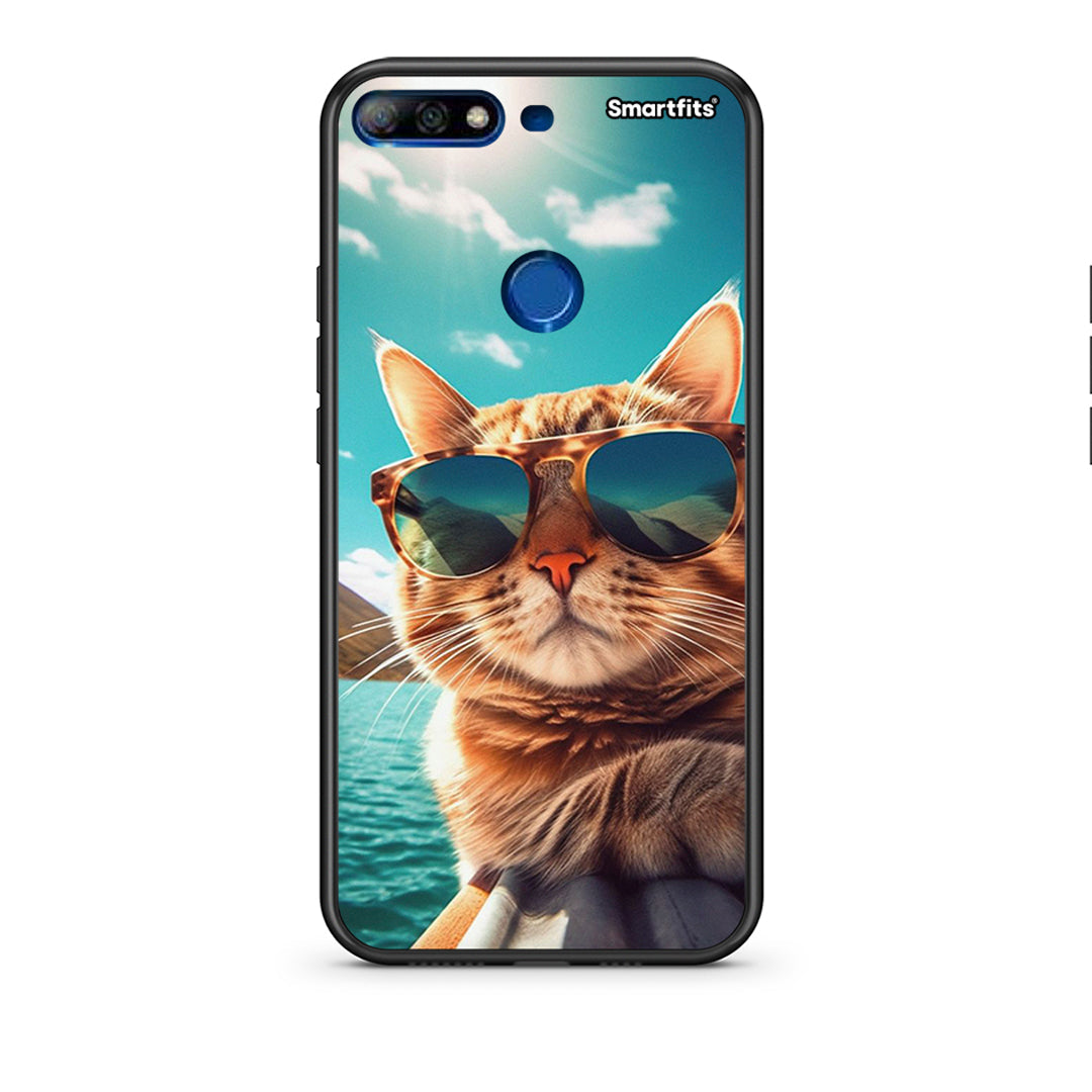 Huawei Y7 2018 Summer Cat θήκη από τη Smartfits με σχέδιο στο πίσω μέρος και μαύρο περίβλημα | Smartphone case with colorful back and black bezels by Smartfits