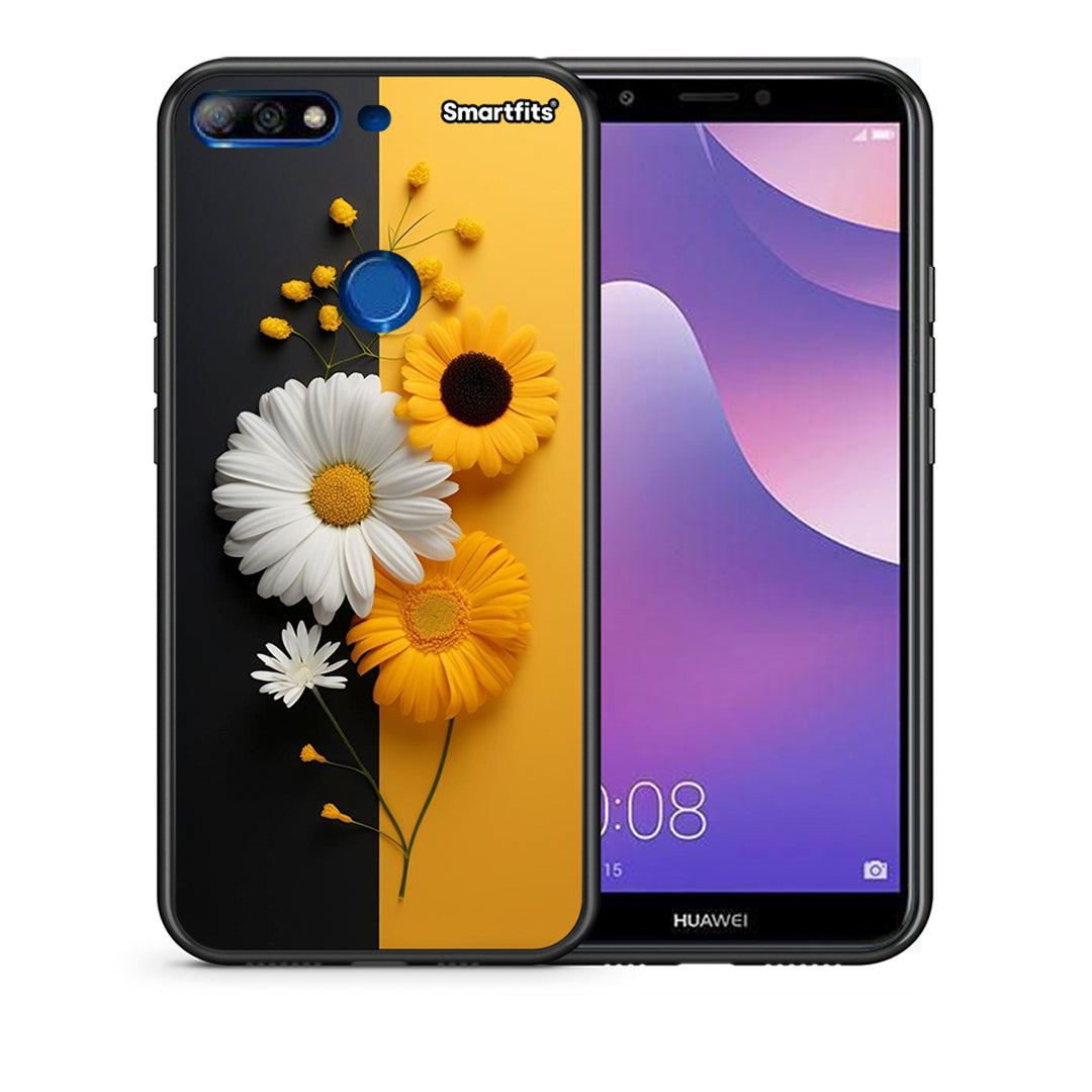 Θήκη Huawei Y7 2018 Yellow Daisies από τη Smartfits με σχέδιο στο πίσω μέρος και μαύρο περίβλημα | Huawei Y7 2018 Yellow Daisies case with colorful back and black bezels