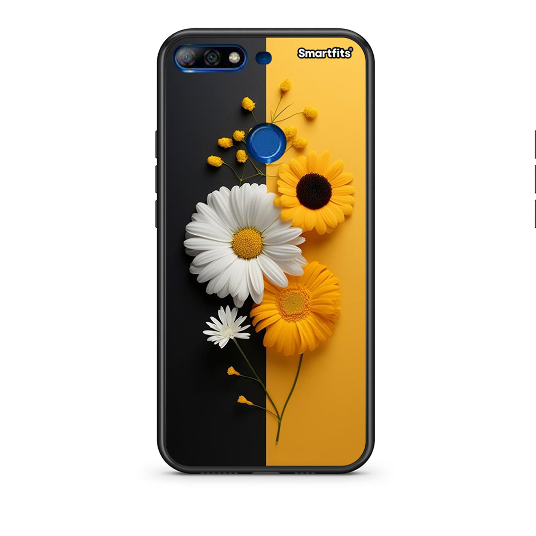 Huawei Y7 2018 Yellow Daisies θήκη από τη Smartfits με σχέδιο στο πίσω μέρος και μαύρο περίβλημα | Smartphone case with colorful back and black bezels by Smartfits