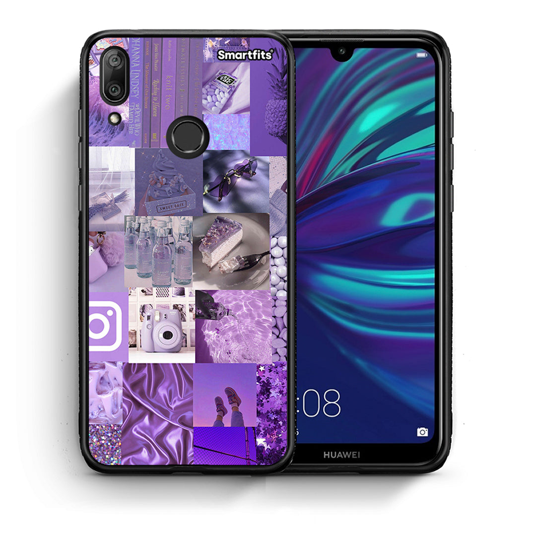 Θήκη Huawei Y7 2019 Purple Aesthetic Collage από τη Smartfits με σχέδιο στο πίσω μέρος και μαύρο περίβλημα | Huawei Y7 2019 Purple Aesthetic Collage case with colorful back and black bezels