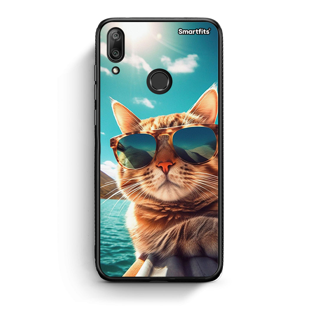 Huawei Y7 2019 Summer Cat θήκη από τη Smartfits με σχέδιο στο πίσω μέρος και μαύρο περίβλημα | Smartphone case with colorful back and black bezels by Smartfits