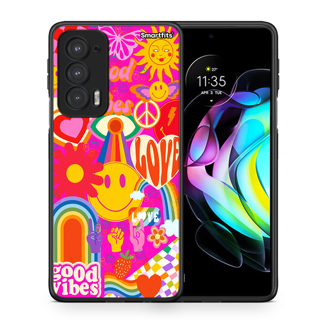 Θήκη Motorola Edge 20 5G Hippie Love από τη Smartfits με σχέδιο στο πίσω μέρος και μαύρο περίβλημα | Motorola Edge 20 5G Hippie Love case with colorful back and black bezels