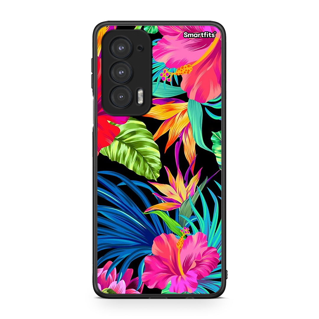 Motorola Edge 20 5G Tropical Flowers θήκη από τη Smartfits με σχέδιο στο πίσω μέρος και μαύρο περίβλημα | Smartphone case with colorful back and black bezels by Smartfits