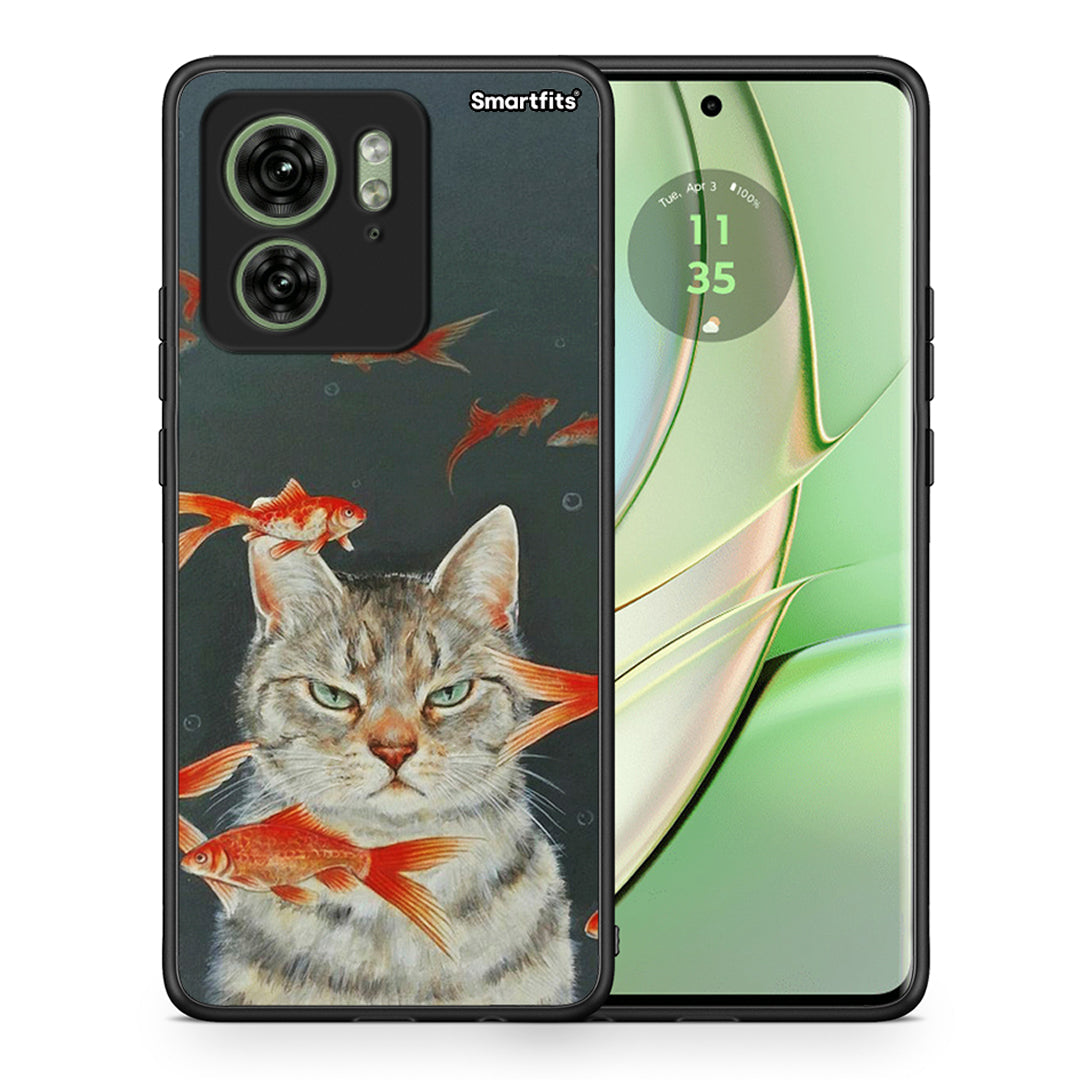 Θήκη Motorola Edge 40 5G Cat Goldfish από τη Smartfits με σχέδιο στο πίσω μέρος και μαύρο περίβλημα | Motorola Edge 40 5G Cat Goldfish case with colorful back and black bezels