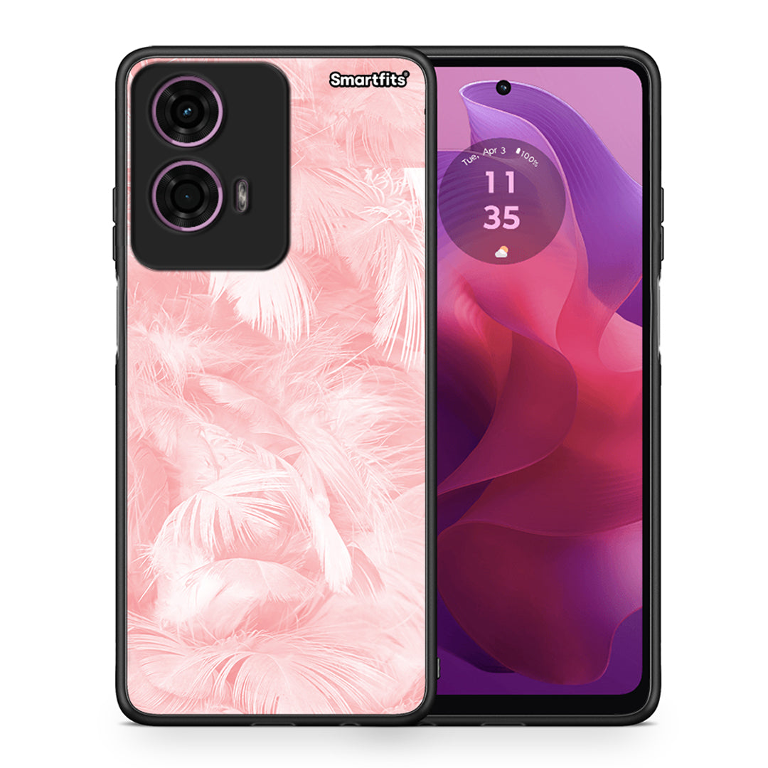 Θήκη Motorola G24 Pink Feather Boho από τη Smartfits με σχέδιο στο πίσω μέρος και μαύρο περίβλημα | Motorola G24 Pink Feather Boho case with colorful back and black bezels