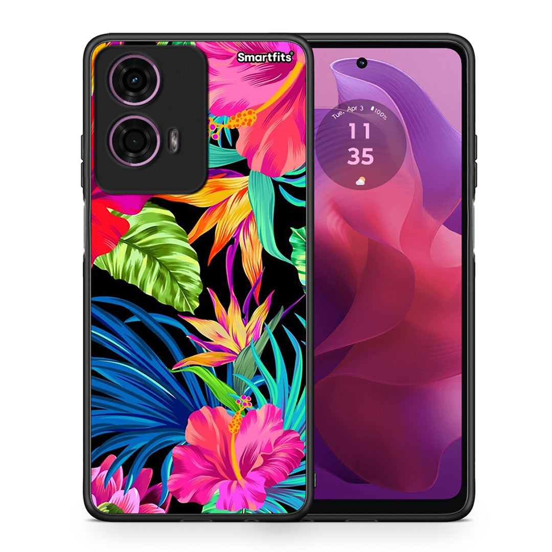 Θήκη Motorola G24 Tropical Flowers από τη Smartfits με σχέδιο στο πίσω μέρος και μαύρο περίβλημα | Motorola G24 Tropical Flowers case with colorful back and black bezels