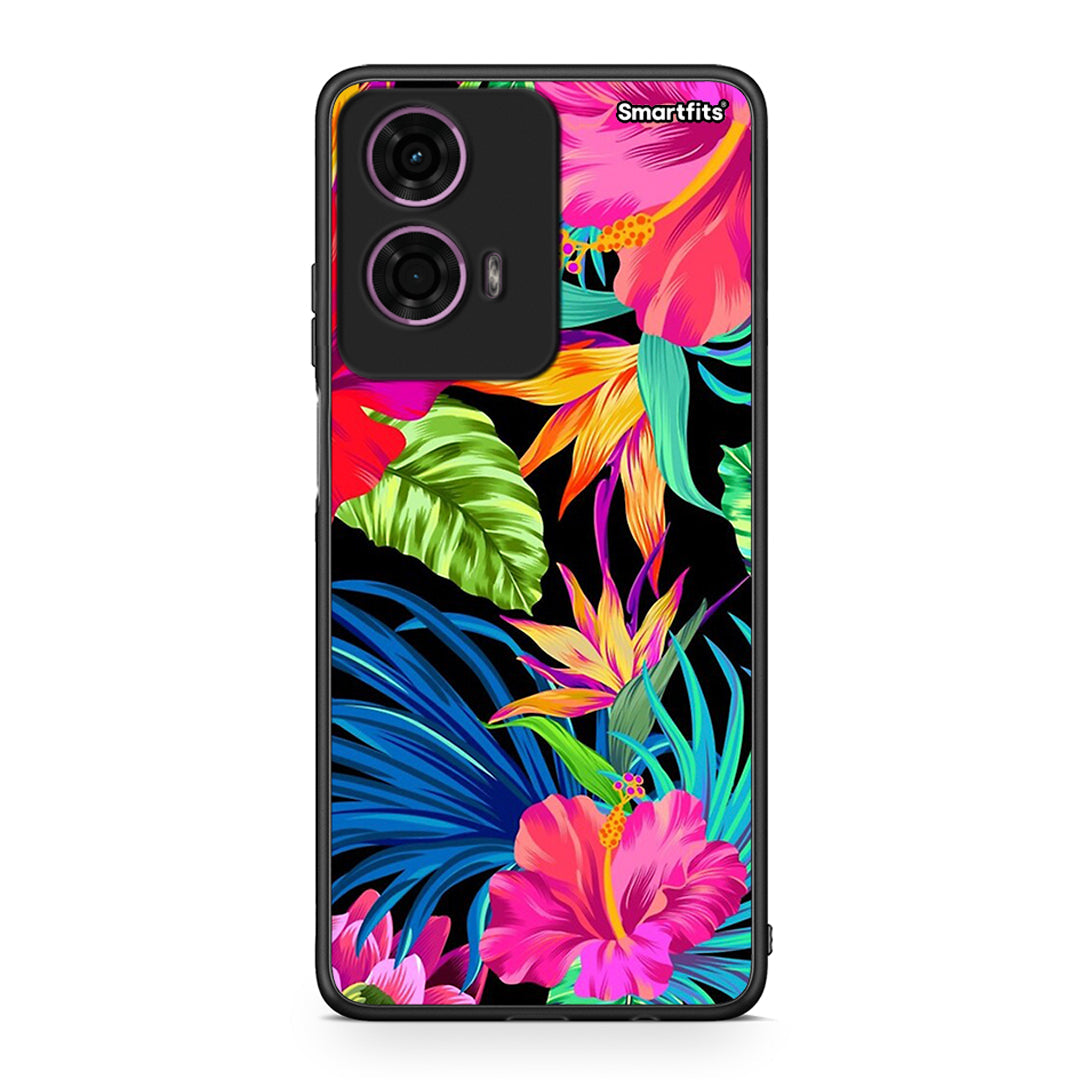 Motorola G24 Tropical Flowers θήκη από τη Smartfits με σχέδιο στο πίσω μέρος και μαύρο περίβλημα | Smartphone case with colorful back and black bezels by Smartfits