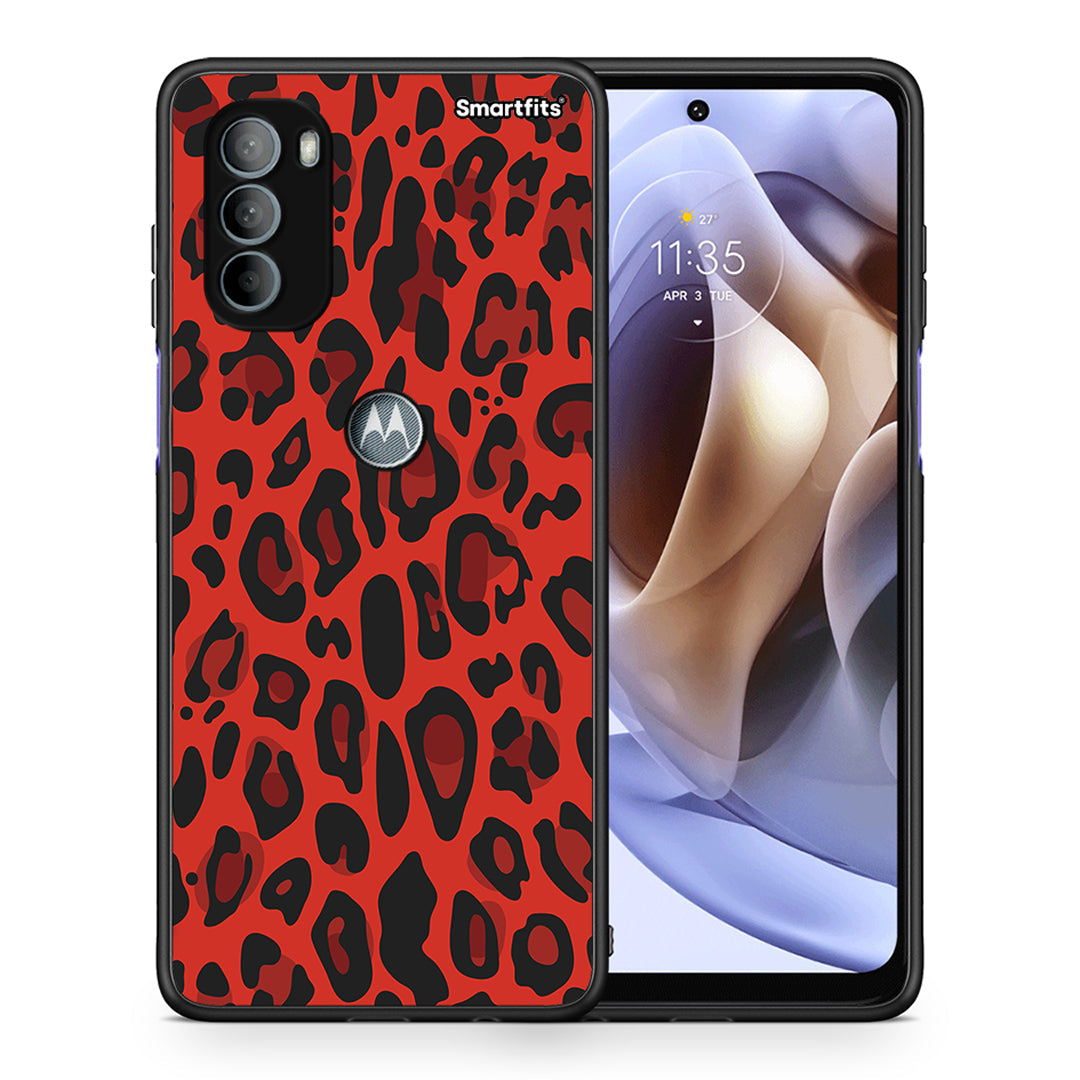 Θήκη Motorola Moto G31 Red Leopard Animal από τη Smartfits με σχέδιο στο πίσω μέρος και μαύρο περίβλημα | Motorola Moto G31 Red Leopard Animal case with colorful back and black bezels