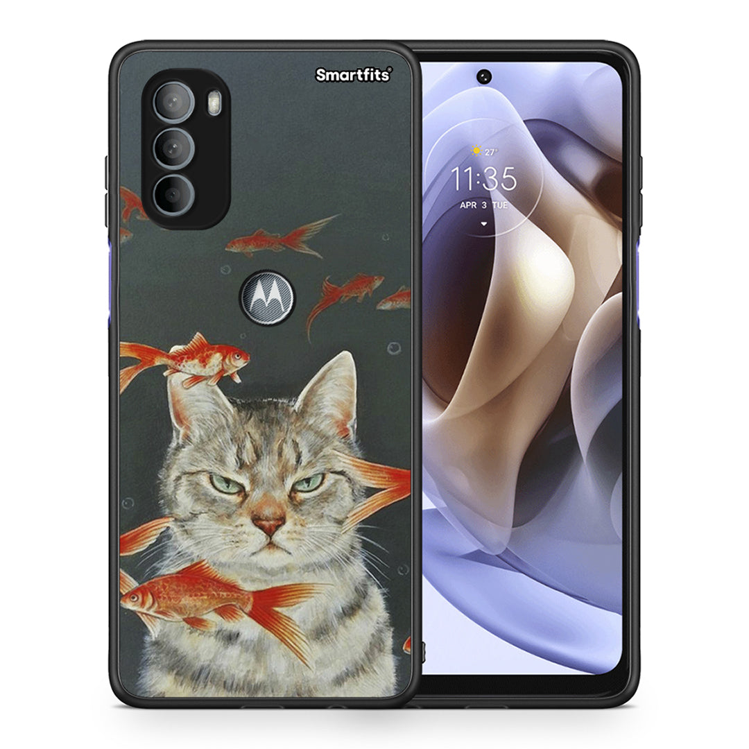 Θήκη Motorola Moto G31 Cat Goldfish από τη Smartfits με σχέδιο στο πίσω μέρος και μαύρο περίβλημα | Motorola Moto G31 Cat Goldfish case with colorful back and black bezels