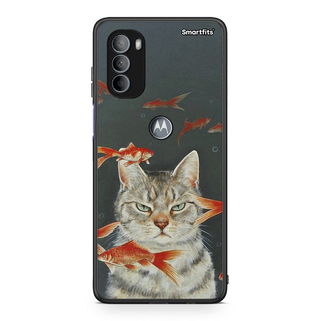 Motorola Moto G31 Cat Goldfish θήκη από τη Smartfits με σχέδιο στο πίσω μέρος και μαύρο περίβλημα | Smartphone case with colorful back and black bezels by Smartfits