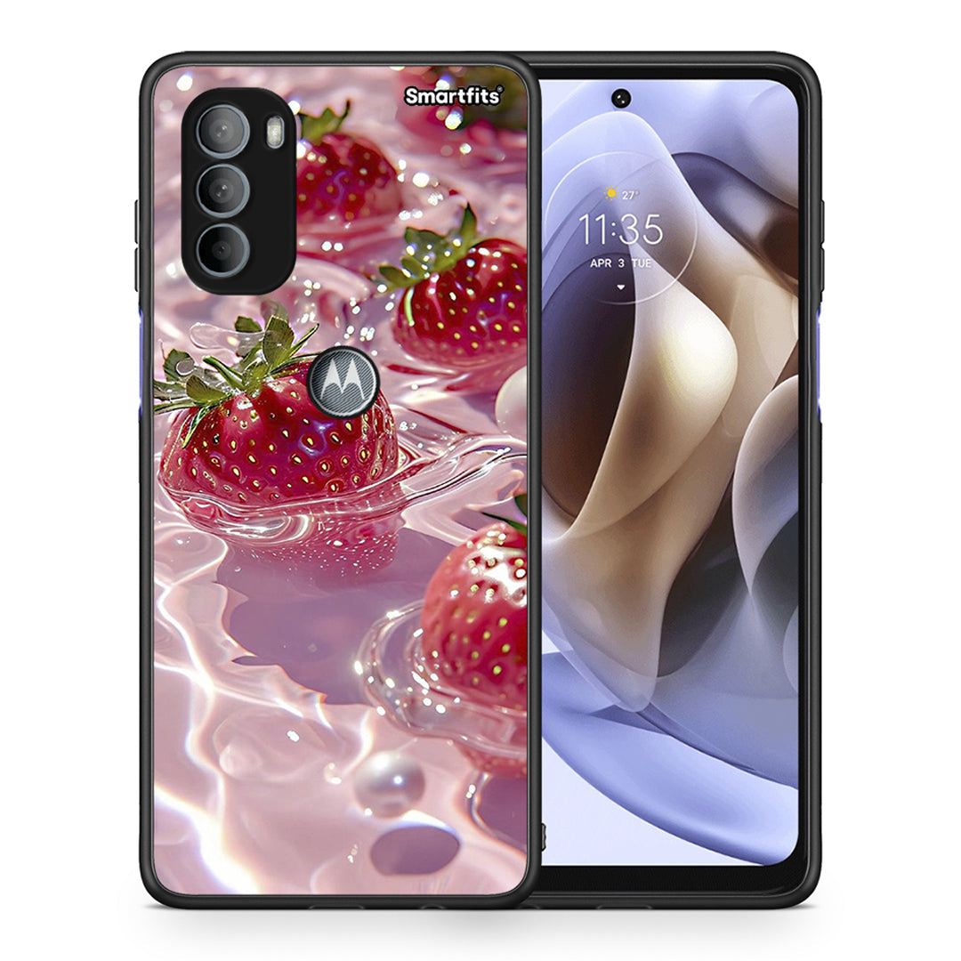Θήκη Motorola Moto G31 Juicy Strawberries από τη Smartfits με σχέδιο στο πίσω μέρος και μαύρο περίβλημα | Motorola Moto G31 Juicy Strawberries case with colorful back and black bezels