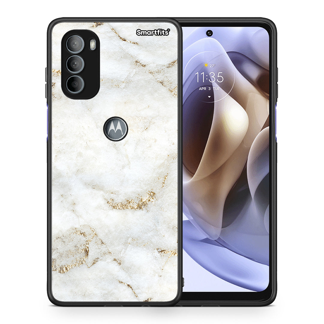 Θήκη Motorola Moto G31 White Gold Marble από τη Smartfits με σχέδιο στο πίσω μέρος και μαύρο περίβλημα | Motorola Moto G31 White Gold Marble case with colorful back and black bezels