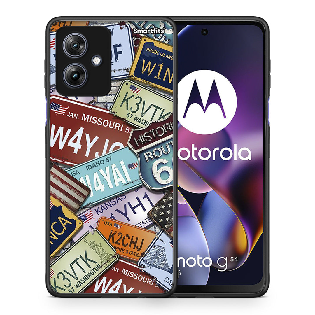 Θήκη Motorola Moto G54 Car Plates από τη Smartfits με σχέδιο στο πίσω μέρος και μαύρο περίβλημα | Motorola Moto G54 Car Plates case with colorful back and black bezels