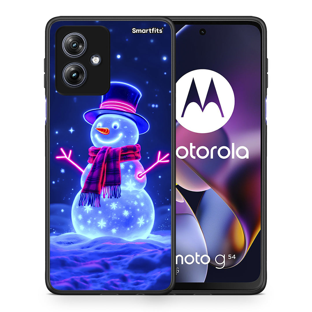 Θήκη Motorola Moto G54 Christmas Neon Snowman από τη Smartfits με σχέδιο στο πίσω μέρος και μαύρο περίβλημα | Motorola Moto G54 Christmas Neon Snowman case with colorful back and black bezels