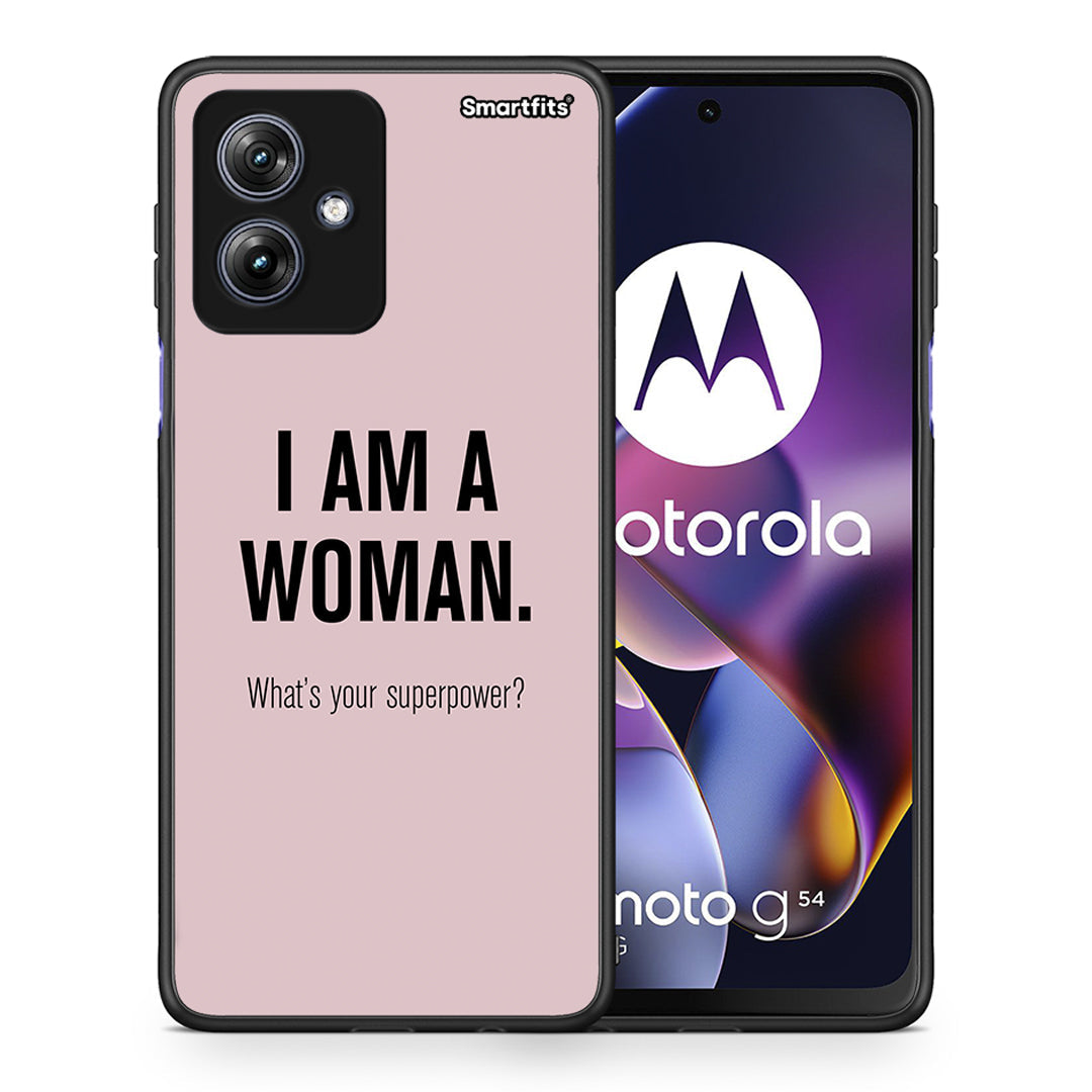 Θήκη Motorola Moto G54 Superpower Woman από τη Smartfits με σχέδιο στο πίσω μέρος και μαύρο περίβλημα | Motorola Moto G54 Superpower Woman case with colorful back and black bezels