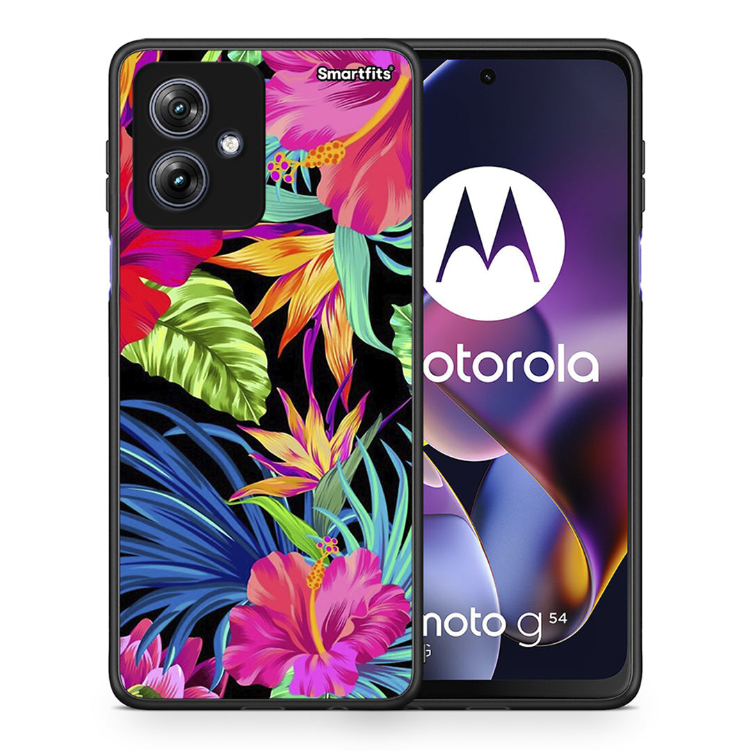 Θήκη Motorola Moto G54 Tropical Flowers από τη Smartfits με σχέδιο στο πίσω μέρος και μαύρο περίβλημα | Motorola Moto G54 Tropical Flowers case with colorful back and black bezels