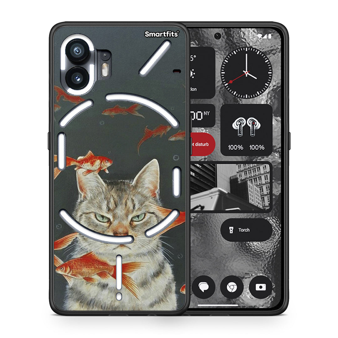 Θήκη Nothing Phone 2 Cat Goldfish από τη Smartfits με σχέδιο στο πίσω μέρος και μαύρο περίβλημα | Nothing Phone 2 Cat Goldfish case with colorful back and black bezels