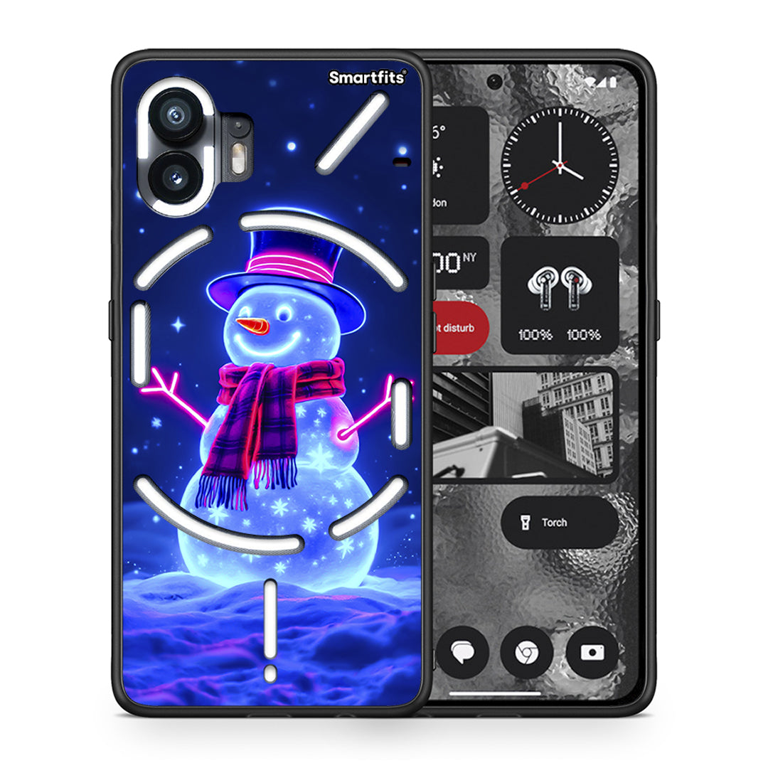 Θήκη Nothing Phone 2 Christmas Neon Snowman από τη Smartfits με σχέδιο στο πίσω μέρος και μαύρο περίβλημα | Nothing Phone 2 Christmas Neon Snowman case with colorful back and black bezels