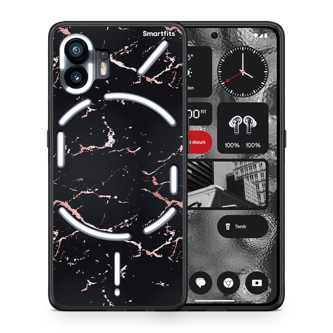 Θήκη Nothing Phone 2 Black Rosegold Marble από τη Smartfits με σχέδιο στο πίσω μέρος και μαύρο περίβλημα | Nothing Phone 2 Black Rosegold Marble case with colorful back and black bezels