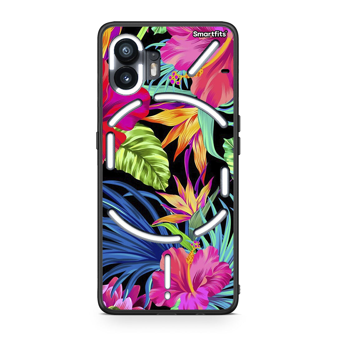 Nothing Phone 2 Tropical Flowers θήκη από τη Smartfits με σχέδιο στο πίσω μέρος και μαύρο περίβλημα | Smartphone case with colorful back and black bezels by Smartfits