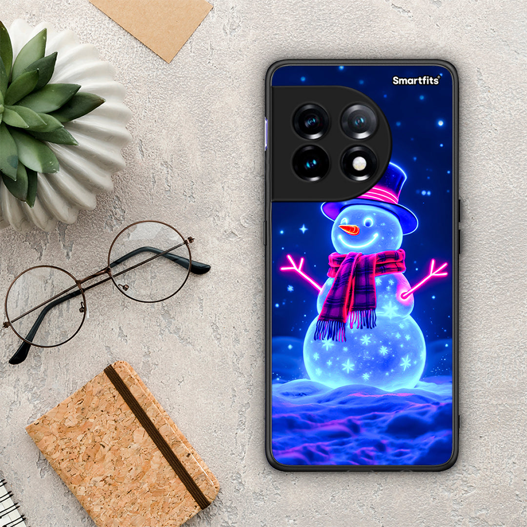 Θήκη OnePlus 11 5G Christmas Neon Snowman από τη Smartfits με σχέδιο στο πίσω μέρος και μαύρο περίβλημα | OnePlus 11 5G Christmas Neon Snowman Case with Colorful Back and Black Bezels