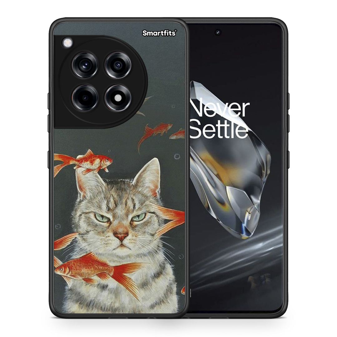 Θήκη OnePlus 12 Cat Goldfish από τη Smartfits με σχέδιο στο πίσω μέρος και μαύρο περίβλημα | OnePlus 12 Cat Goldfish case with colorful back and black bezels