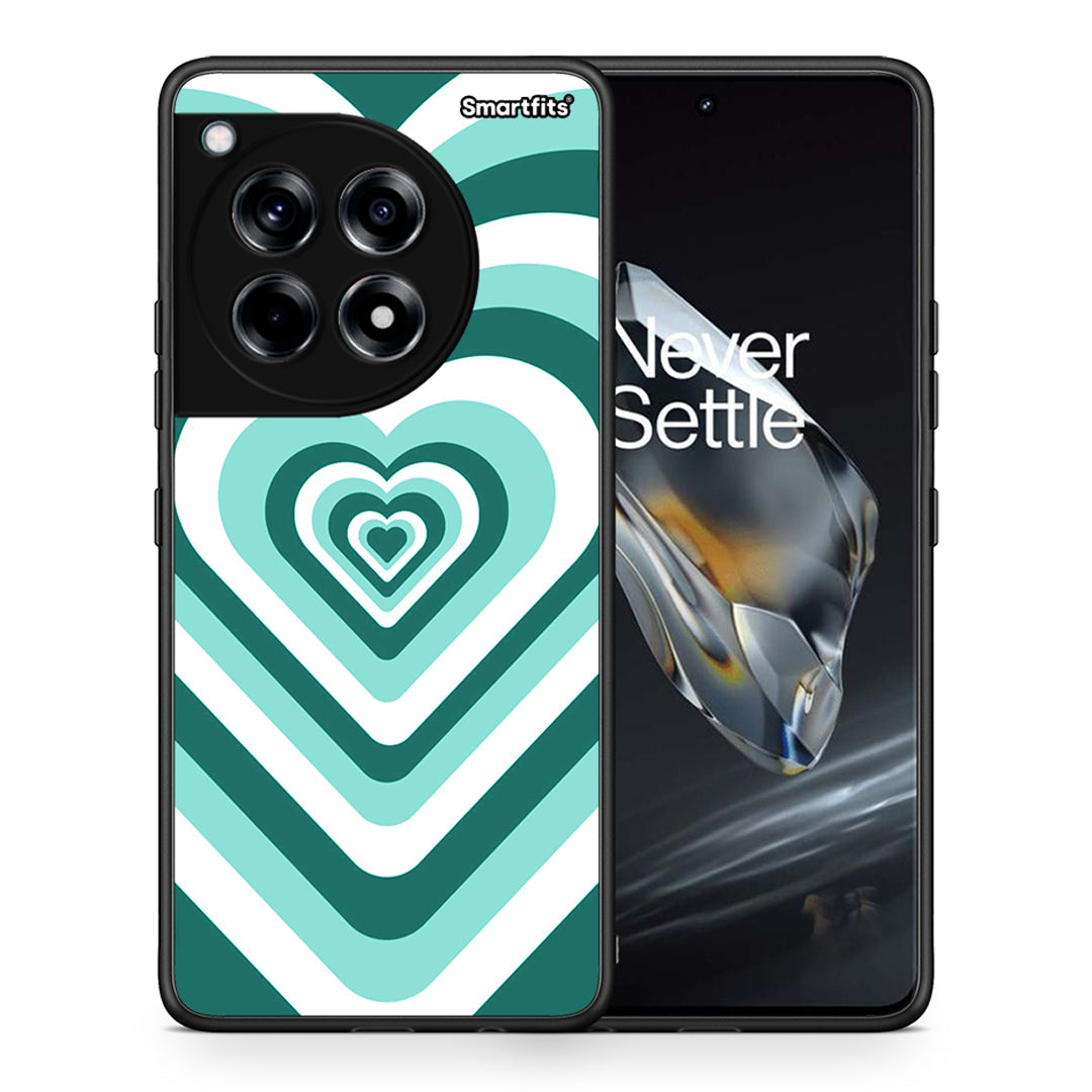 Θήκη OnePlus 12 Green Hearts από τη Smartfits με σχέδιο στο πίσω μέρος και μαύρο περίβλημα | OnePlus 12 Green Hearts case with colorful back and black bezels