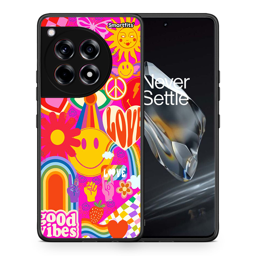 Θήκη OnePlus 12 Hippie Love από τη Smartfits με σχέδιο στο πίσω μέρος και μαύρο περίβλημα | OnePlus 12 Hippie Love case with colorful back and black bezels