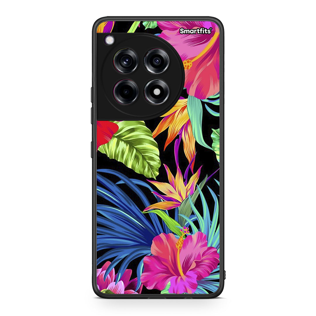 OnePlus 12 Tropical Flowers θήκη από τη Smartfits με σχέδιο στο πίσω μέρος και μαύρο περίβλημα | Smartphone case with colorful back and black bezels by Smartfits